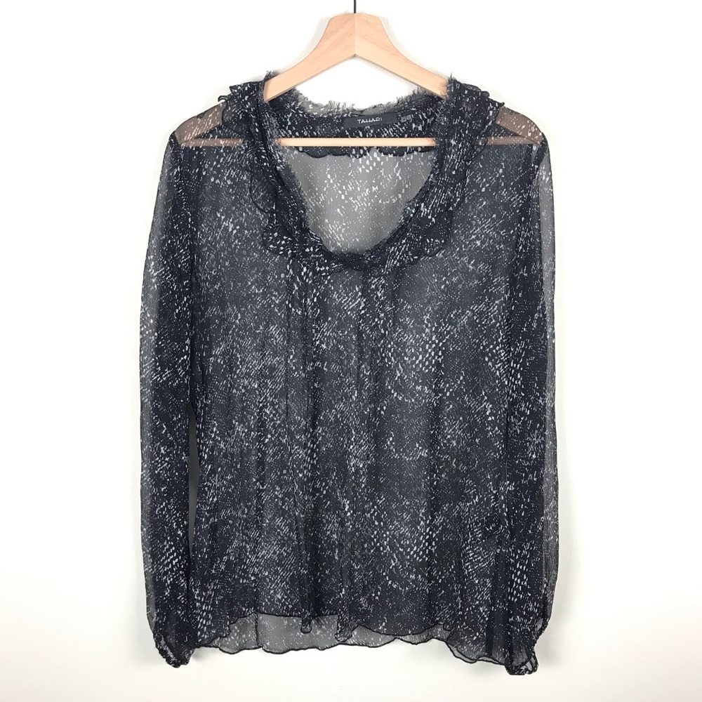 Tahari Black Speckled Ruffle Sheer Silk Blouse - M